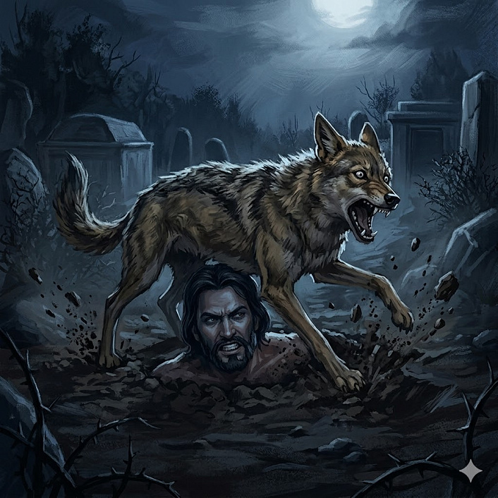 Иллюстрация стаи шакалов приближающейся к закопанным по шею царю и советникам ночью на кладбище