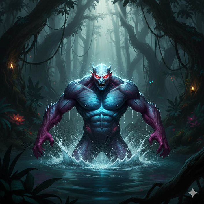 Арт мифического синебрюхого демона выходящего из воды озера для устрашения стада обезьян