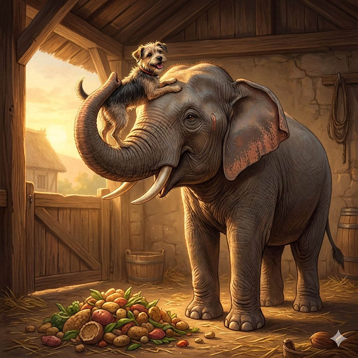 Иллюстрация слона, бережно поднимающего собаку хоботом на голову на фоне еды, символизирующая радость долгожданного воссоединения