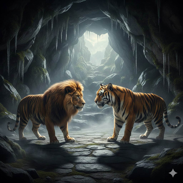 Арт льва и тигра в туманной пещере, спорящих о времени наступления холода