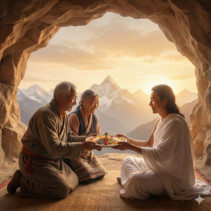 Цифровая картина пожилой пары подносящей дары Миларепе на фоне гор Гималаев