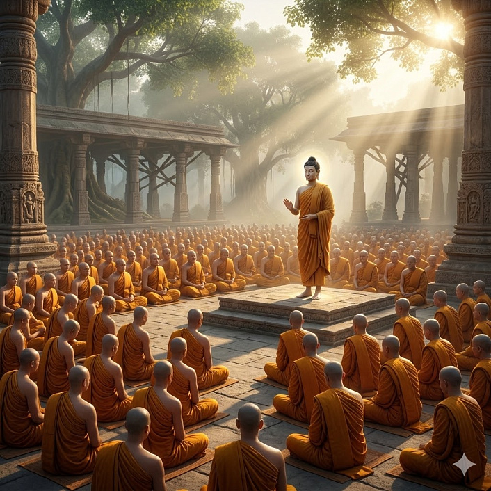 Фотореалистичный 3D арт Будды, обращающегося к большому собранию монахов на рассвете для наставления
