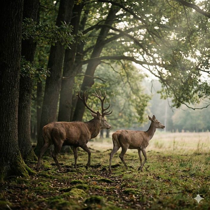 Арт горного оленя следующего за ланью из леса к деревне символизирующий пагубную привязанность