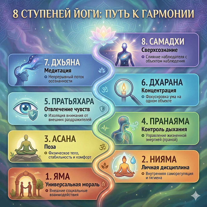 Инфографика 8 ступеней йоги от ямы до самадхи, показывающая путь к внутренней гармонии и духовному развитию.