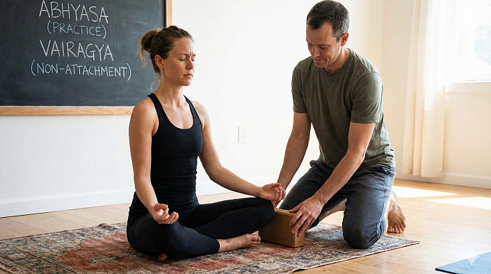 abhyasa-i-vairagya-metody-uspokoeniya-uma = Учитель йоги помогает ученице в медитации на фоне доски с принципами Абхьяса и Вайрагья для контроля ума