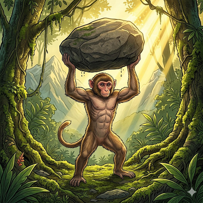 Арт молодая обезьяна с необыкновенной силой поднимает огромный валун, Гималаи