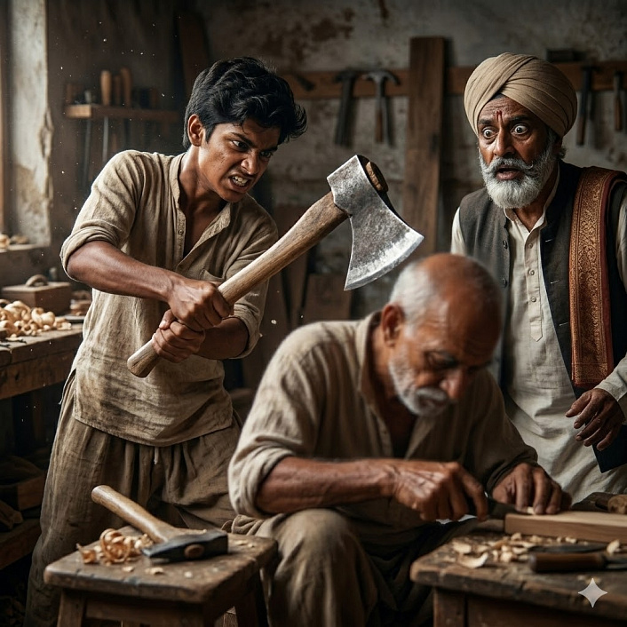 Драматичный арт в стиле фотореализма, показывающий сына-глупца с топором и ужас в глазах Бодхисатты-купца