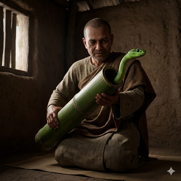 Иллюстрация монаха с бамбуковой палкой, из которой смотрит ядовитая зеленая змея