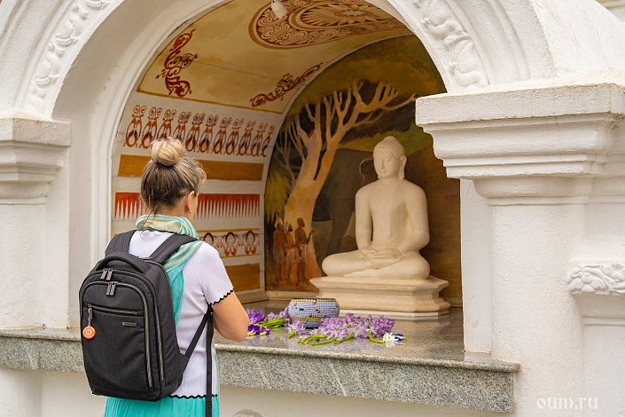 Девушка смотрит на статую Будды