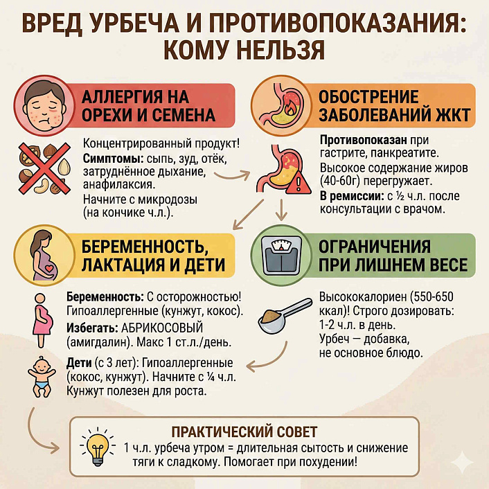 Инфографика ограничений приема урбеча описывает риски для безопасности здоровья