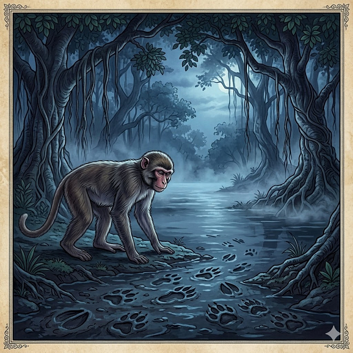 Арт мудрая обезьяна на берегу озера с ракшасом изучает следы на песке перед ловушкой