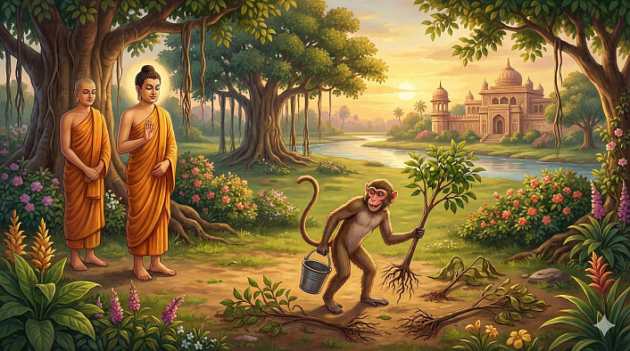 Будда и монахи смотрят, как обезьяна вырывает саженцы с корнем для полива. Буддийская притча о вредителе сада