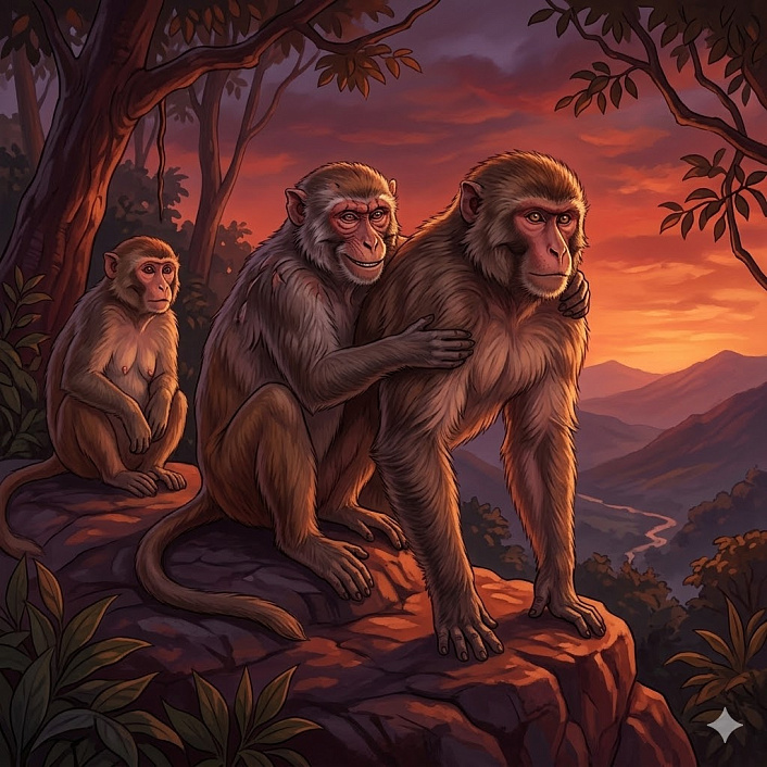 Иллюстрация старый вожак обезьян сдавливает ребра сыну в смертельных объятиях, заговор