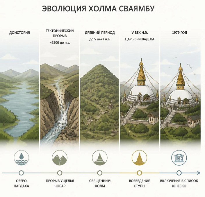 Инфографика хронологии холма Сваямбу от озера Нагдаха до включения ступы в список ЮНЕСКО