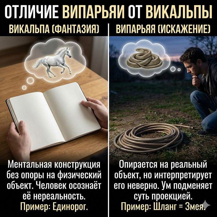 Инфографика отличий викальпы (фантазия о единороге) и випарьяи (шланг как змея) — двух типов ментальных конструкций и ошибок восприятия в йоге