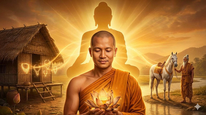 Буддийский монах держит светящийся лотос на фоне силуэта Будды. Композиция отражает путь к духовному просветлению