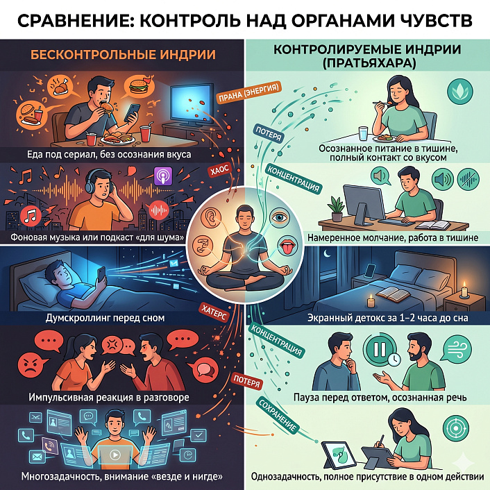 Инфографика сравнения привычек, демонстрирующая потерю энергии и контроль индрий в практике пратьяхары