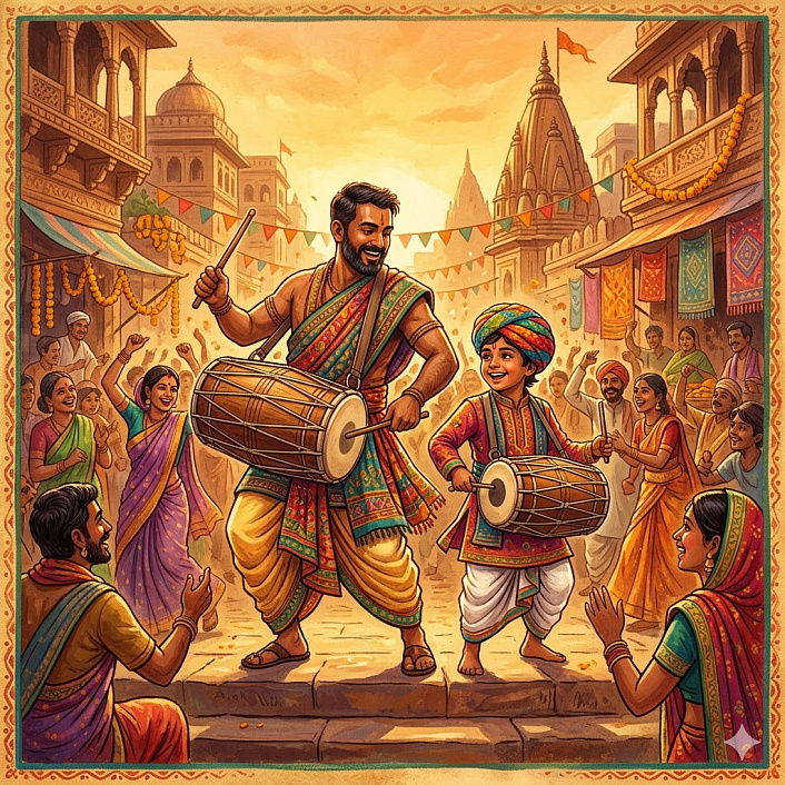 Отец и сын радостно играют на барабанах в толпе. Успешный заработок музыкантов на празднике.