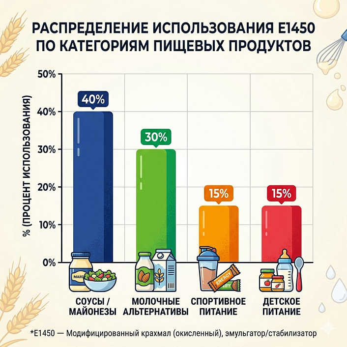 Столбчатая диаграмма распределения эмульгатора Е1450 по популярным категориям продуктов в пищевой промышленности.