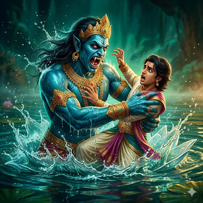 Сцена нападения водного демона ракшаса на принца в озере с лотосами