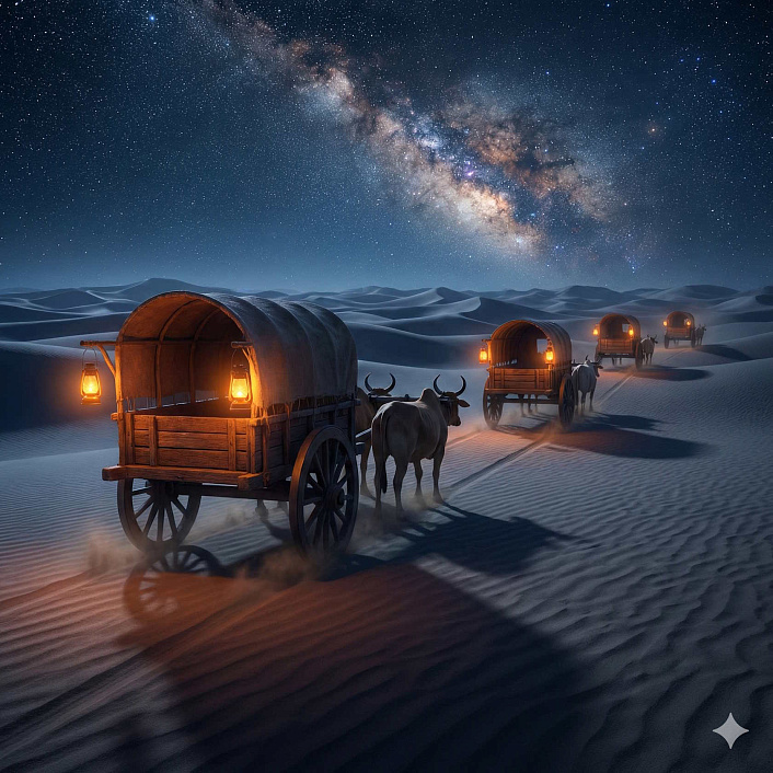 Кинематографичный арт каравана с быками пересекающего пустыню под звездным небом