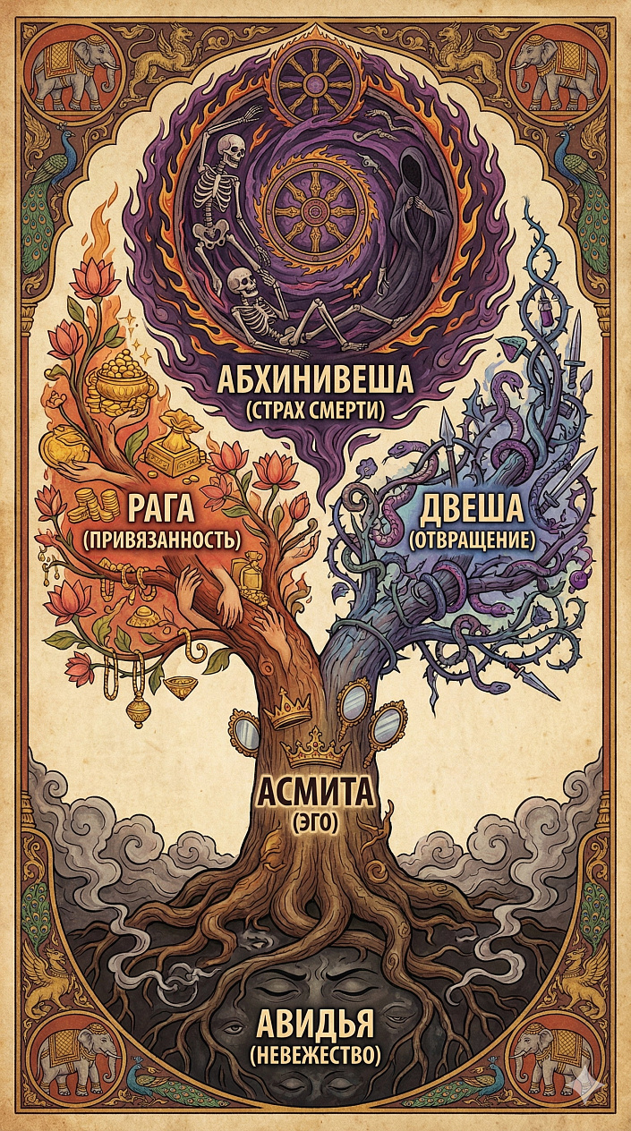 Древо пяти клеш: Авидья, Асмита, Рага, Двеша, Абхинивеша