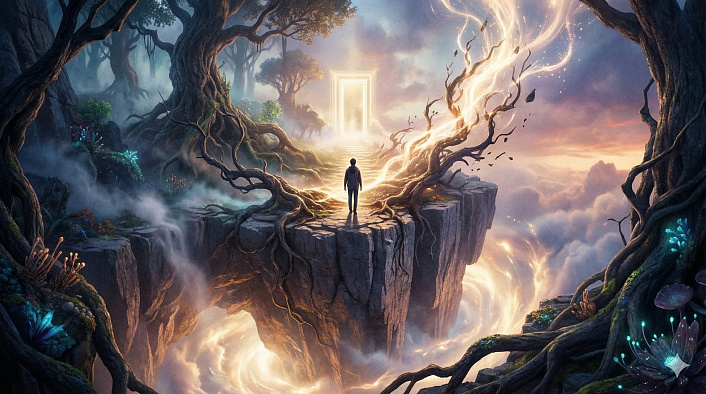 Человек перед светящимся порталом. Символизирует освобождение сознания от страха смерти