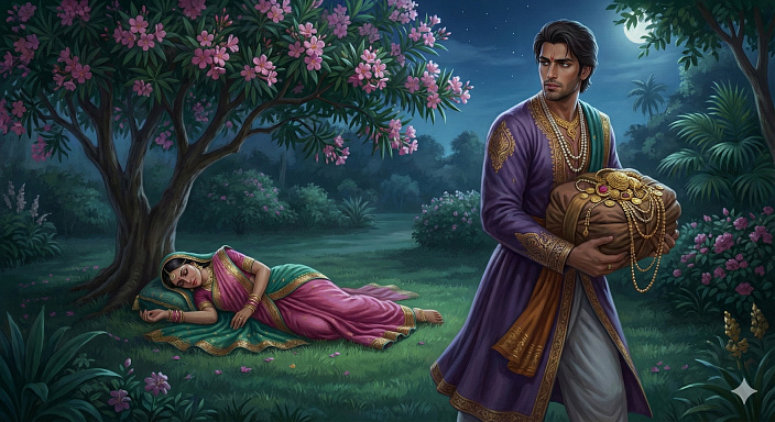 ивописный сад с цветущими деревьями вор уносит драгоценности