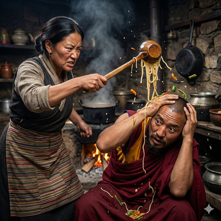 Иллюстрация семейной ссоры где жена бьет йогина Речунгпу поварешкой с лапшой тугпа
