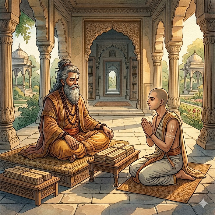 Мудрый учитель наставляет молодого брахмана. Понимание сложной природы человеческих отношений.