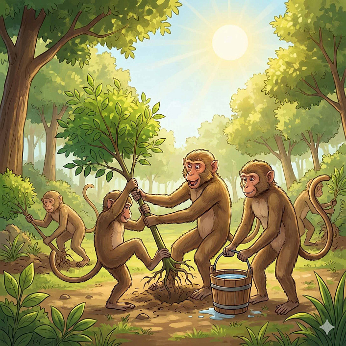 Арт стаи обезьян, вырывающих саженцы с корнями для полива, глупость и благое намерение.