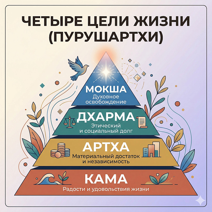 Схема пирамиды пурушартхи иллюстрирует четыре базовые цели жизни от мирских удовольствий до духовного освобождения.