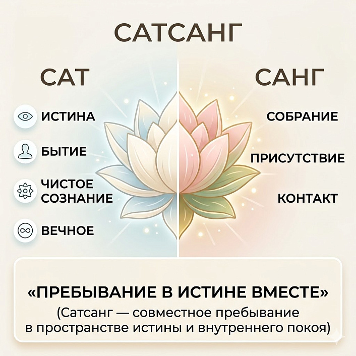 Инфографика Сатсанг: разбор значения слов САТ (Истина) и САНГ (Собрание) с итогом о пребывании в истине.