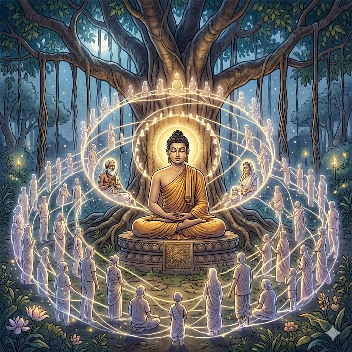 Арт Будды в медитации с силуэтами предков, раскрывающий тайну прошлых воплощений.