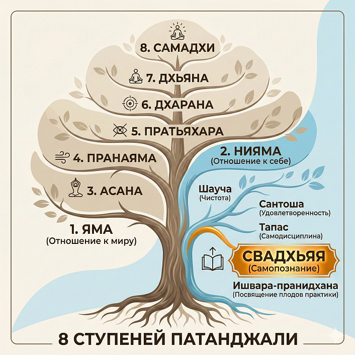 Схема дерева 8 ступеней йоги Патанджали, где Свадхьяя выделена как часть Ниямы — принципов этичного отношения к себе.