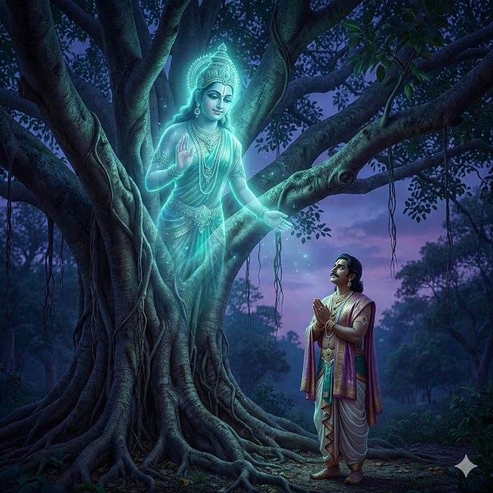 Иллюстрация светящегося духа дерева, поучающего богача, раскрывающая смысл истинного освобождения в буддизме