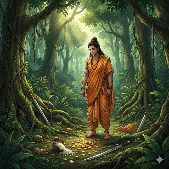 Рисунок мудрого юноши, с грустью смотрящего на брошенное золото. Трагические последствия алчности.