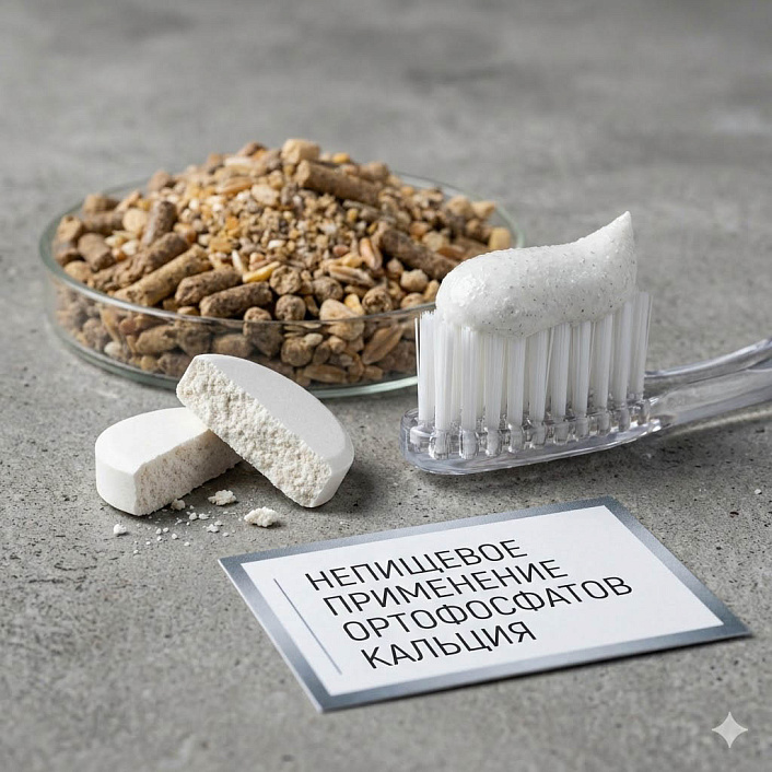 Таблетка, зубная паста и комбикорм иллюстрируют непищевое применение ортофосфатов кальция в фармацевтике, косметике и агропроме.
