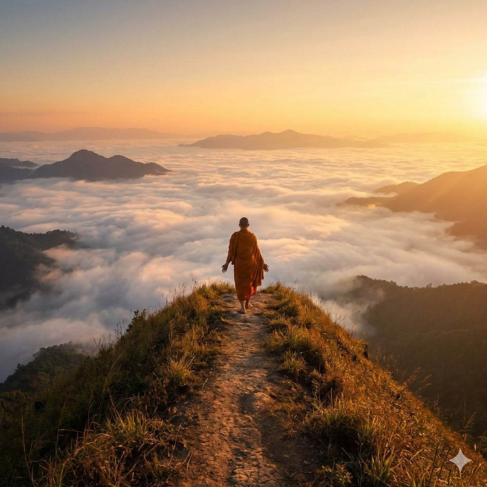 Фотореалистичное изображение одинокого монаха, идущего по горному хребту на рассвете, символизирующего жизнь без страха, не охраняемого и не охраняющего других, полного свободы от страстей.