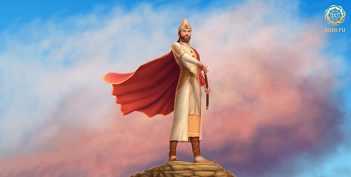 Войн с мечом стоит на скале на фоне облачного неба