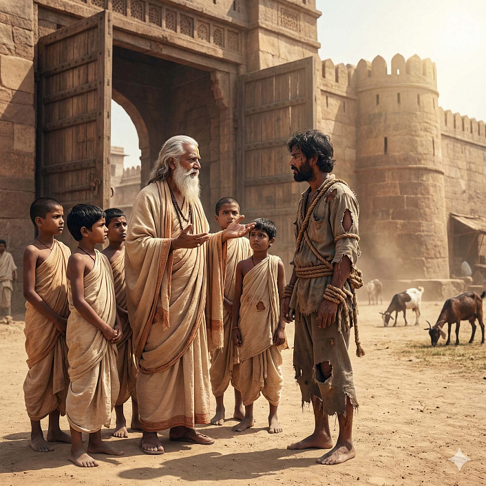 Арт мудрого учителя, обращающегося к связанному вору коз (наставление бодхисаттвы в джатаке)