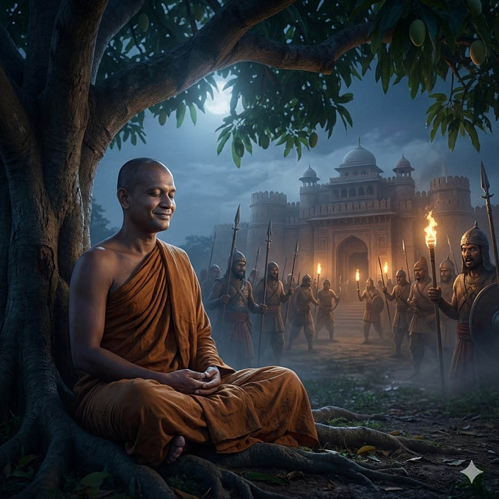 Фотореалистичное изображение монаха Бхадрии, медитирующего в ночном лесу, на фоне призрачного видения охраняемого дворца, символизирующее переход от страха к счастью архатства.