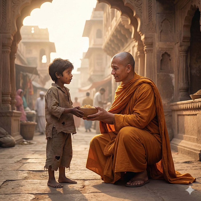 Арт мудрого монаха, дающего чашу с едой нищему мальчику (сострадание и помощь в буддизме)