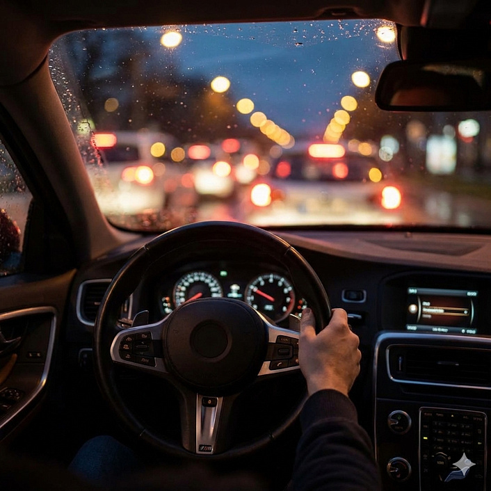 Фото вида из салона автомобиля во время дождя и пробки иллюстрирующее спокойствие водителя