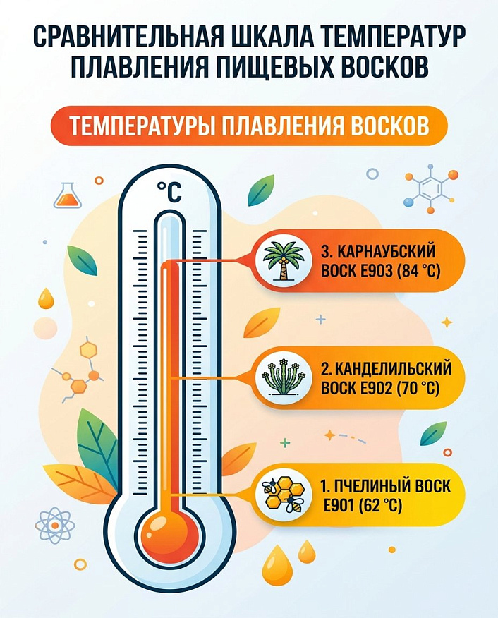Инфографика сравнительной шкалы температур плавления пищевых восков Е901, Е902 и Е903