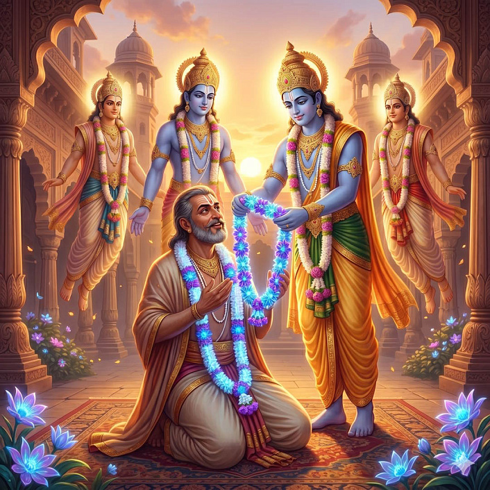 Цифровой арт. Жрец обманом забирает сияющие цветы у божества.