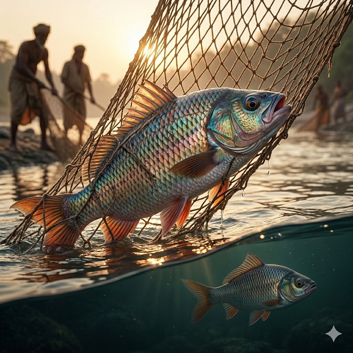 Иллюстрация красивой рыбы, застрявшей в грубой рыбацкой сети, как метафора слепой страсти и фатальной ошибки