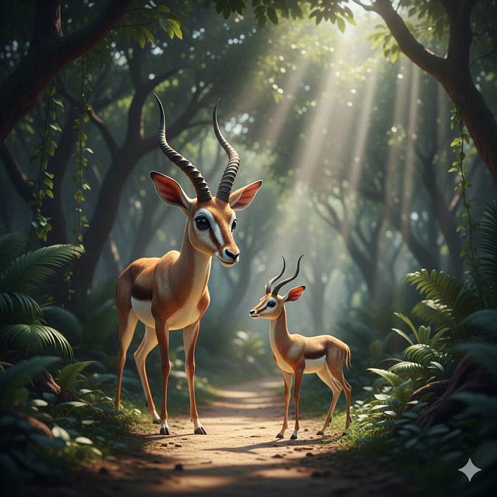 Фотореалистичный 3D-рендер взрослой газели и её племянника в лесу, иллюстрирующий передачу мудрости и навыков выживания