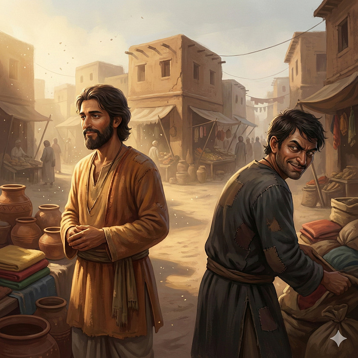 Цифровой арт двух торговцев на развилке улиц древнего города символизирующий выбор кармического пути