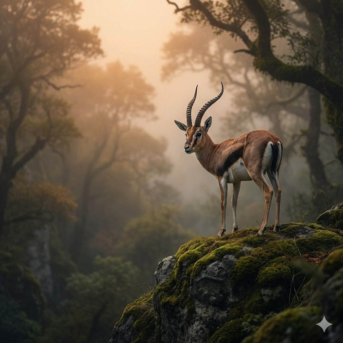 Изображение одинокого оленя на скале в тумане символизирующее скорбь учителя о погибшем непослушном ученике